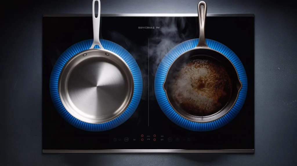 Stainless steel vs cast iron skillet on induction cooktop comparison