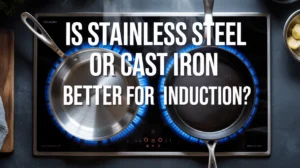 A dramatic overhead flat lay of a stainless steel skillet and a cast iron skillet side by side on a sleek black induction cooktop, with the text "Is Stainless Steel or Cast Iron Better for Induction?" displayed in large bold white serif font overlaid at the top, glowing blue induction rings visible beneath the pans, steam rising,