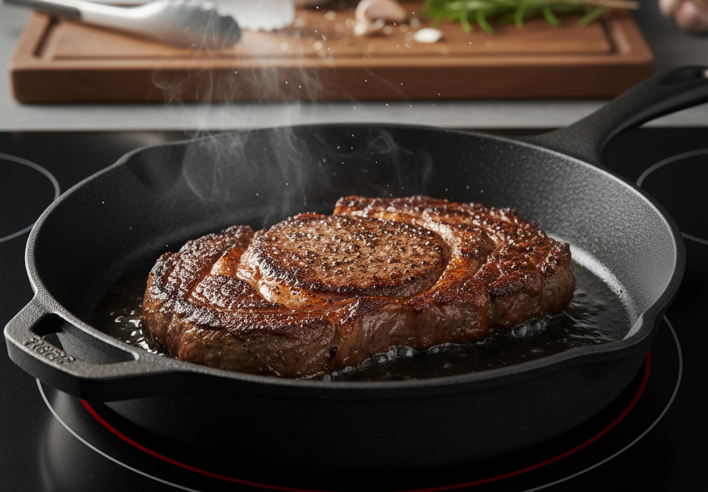 Ribeye steak searing in cast iron skillet on induction cooktop