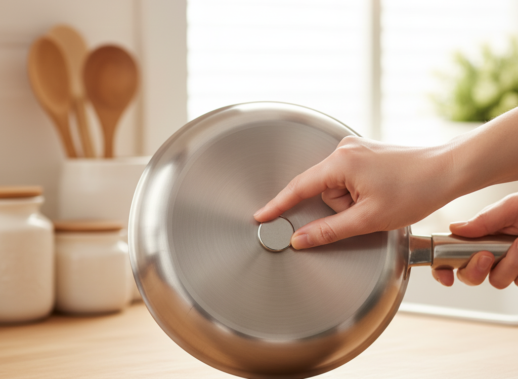 Testing induction cookware compatibility with a magnet on stainless steel pan