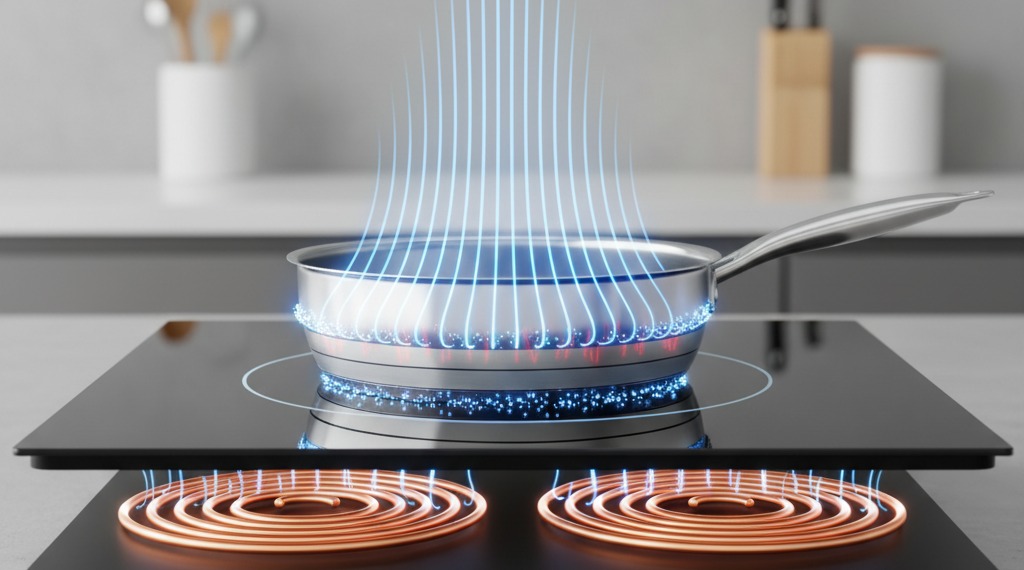 cross-section illustration showing a glass induction cooktop with visible copper electromagnetic coils beneath the surface, blue glowing magnetic field lines rising into the flat base of a stainless steel pan, no flame or heat element shown, white and blue minimal infographic aesthetic, professional kitchen background