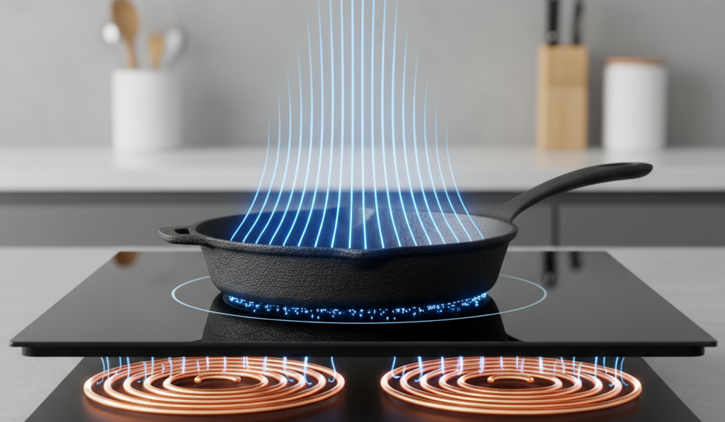 illustration showing a glass induction cooktop with visible copper electromagnetic coils beneath the surface, blue glowing magnetic field lines rising into the flat base of a stainless steel pan, no flame or heat element shown, white and blue minimal infographic aesthetic