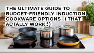 Budget-friendly induction cookware options on a modern induction cooktop with cast iron, stainless steel, and nonstick pans