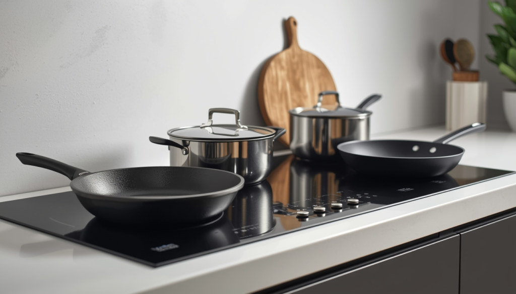 induction cooktop and a variety of budget-friendly cookware (cast iron skillet, stainless steel pot, nonstick frying pan) neatly arranged.