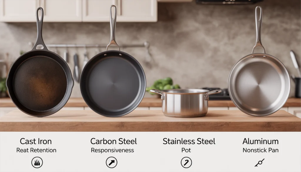 Comparison of cast iron, carbon steel, stainless steel, and aluminum induction cookware materials