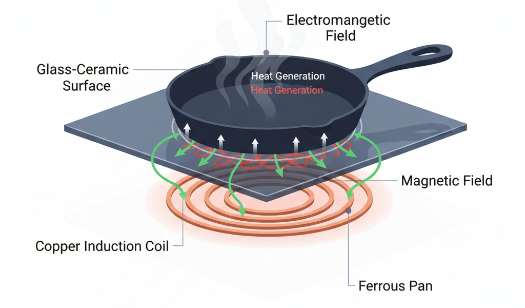 Diagram showing how induction cooking works using electromagnetic fields to heat cookware directly