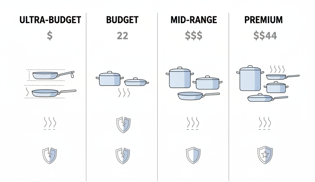 Induction cookware price tiers comparison chart showing budget to premium cookware differences