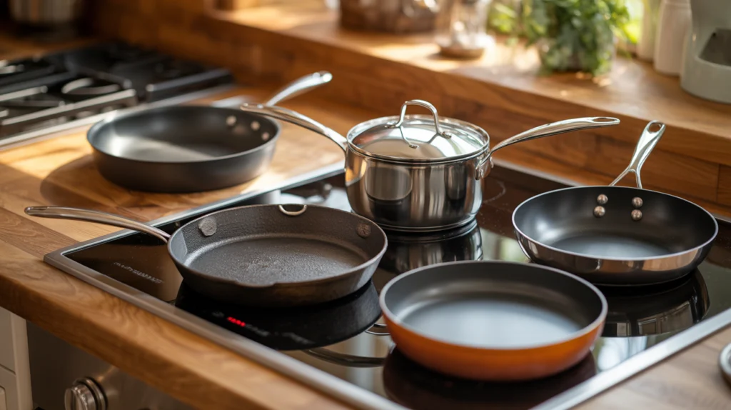 A collection of induction-compatible cookware including a raw cast iron skillet, a carbon steel pan, and a fully clad stainless steel pot.