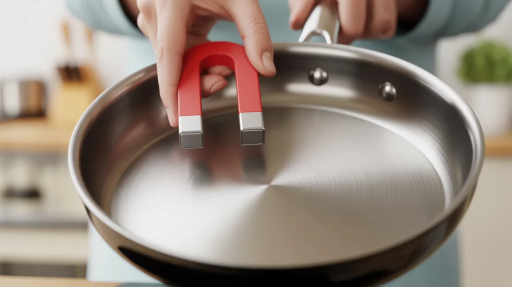 A person performing the kitchen magnet test on the bottom of a stainless steel frying pan to check for induction compatibility.