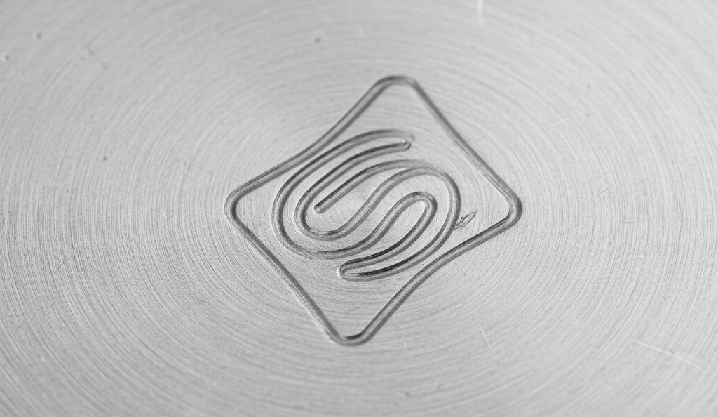 Close up of the looping copper coil induction ready symbol stamped onto the bottom of a stainless steel pan.