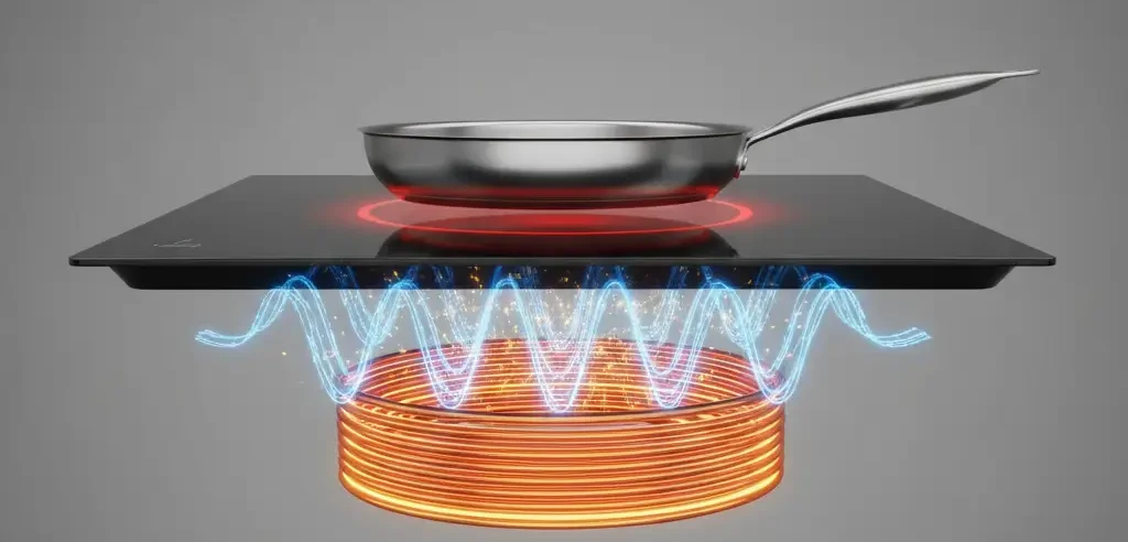 3D cross-section illustration showing how electromagnetic induction generates heat through a copper coil into a compatible pan.