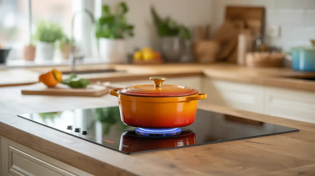 A high-quality, photorealistic image of a bright, modern kitchen. In the center is a sleek black glass induction cooktop with a beautiful enameled cast iron Dutch oven sitting on an active burner