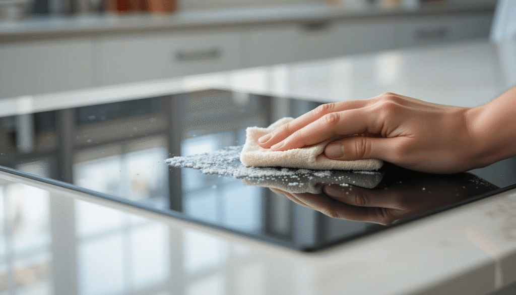 Cleaning an induction cooktop with a microfiber cloth for proper maintenance and performance