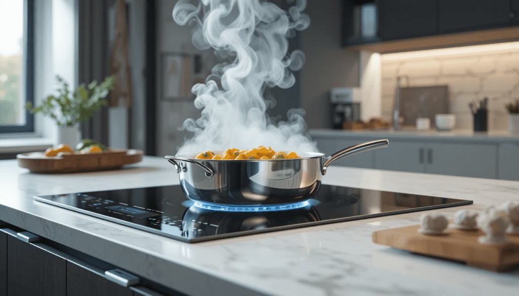induction cooktop glowing beneath a stainless steel pan, digital control panel visible with power levels, steam rising from food, clean minimalist background, bright natural lighting, high-end appliance aesthetic, realistic style, sharp focus