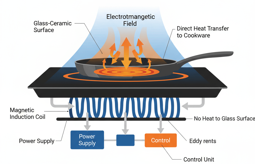 Diagram showing how induction cooking heats a pan using electromagnetic energy