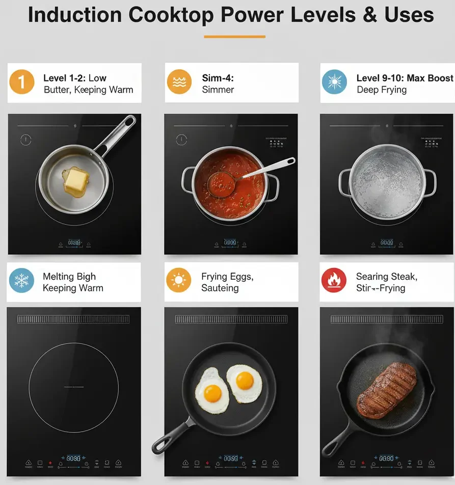 Induction cooktop power levels explained with cooking temperature examples