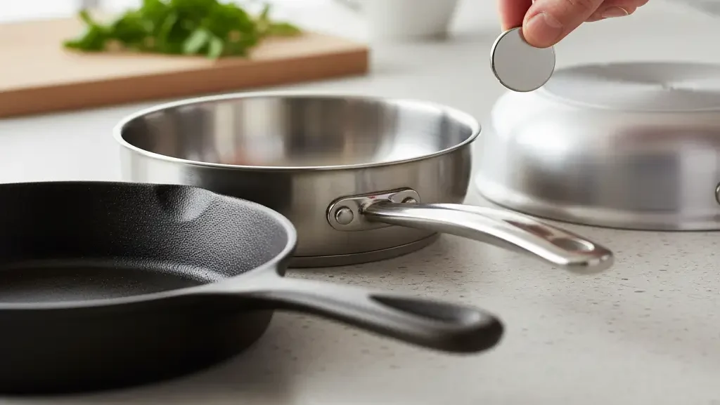 Magnet test to check if cookware is compatible with an induction cooktop