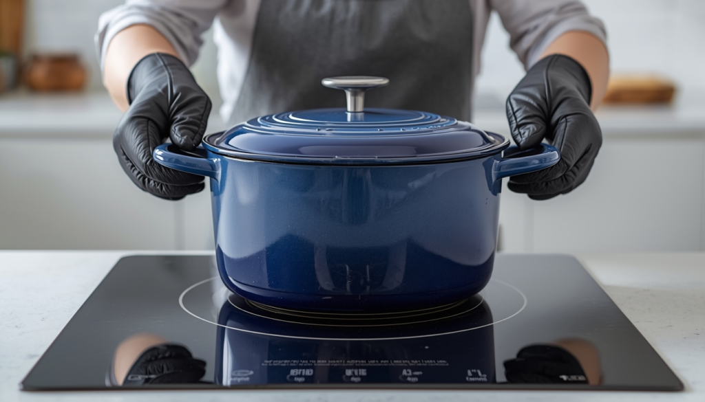 Safe lifting of heavy Dutch oven off glass induction cooktop surface to avoid scratches