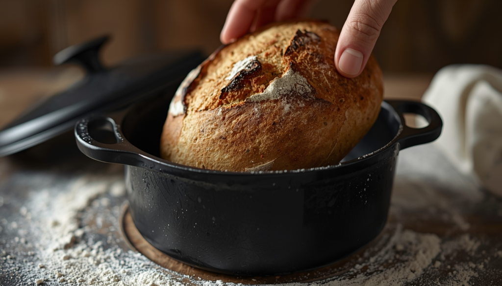 Artisan sourdough bread with burnished crust baked in a Dutch oven on induction cooktop