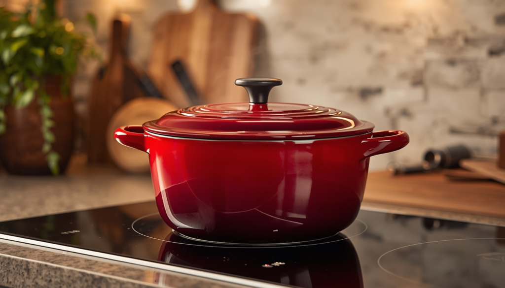 Red enameled cast iron Dutch oven simmering on a glass induction cooktop stovetop