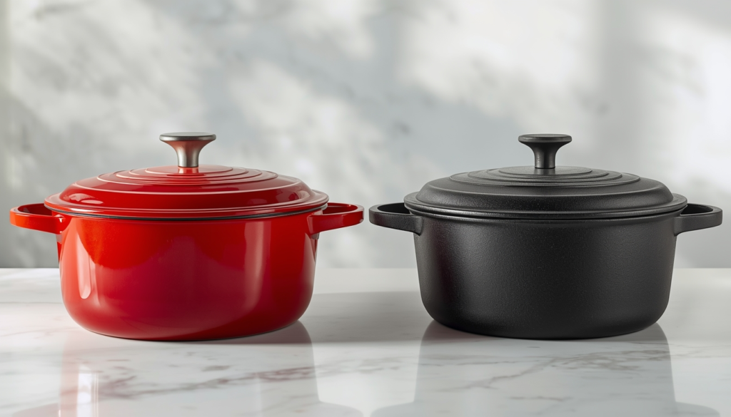 Enameled cast iron Dutch oven versus raw cast iron Dutch oven side by side on a kitchen countertop