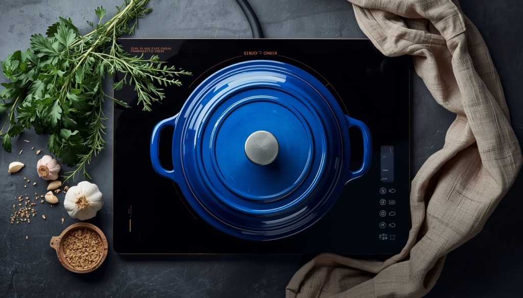 blue enameled cast iron Dutch oven sitting on a sleek black induction cooktop, surrounded by fresh herbs, garlic, and rustic linen.
