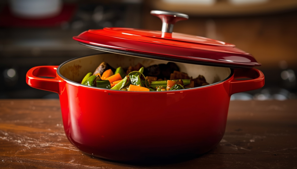 Red enameled cast iron Dutch oven with vegetable stew showing the non-reactive glass coating.