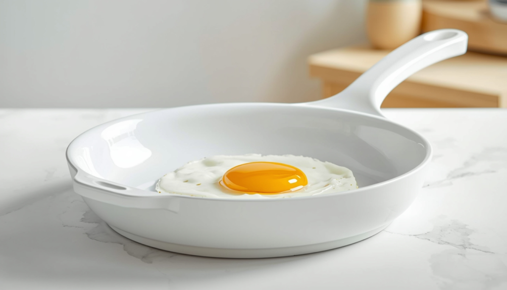 White non-toxic ceramic coated pan with a non-stick fried egg.