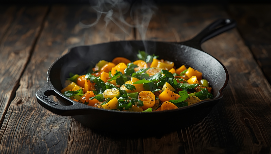 Traditional seasoned cast iron skillet with fresh sautéed vegetables on a rustic table.
