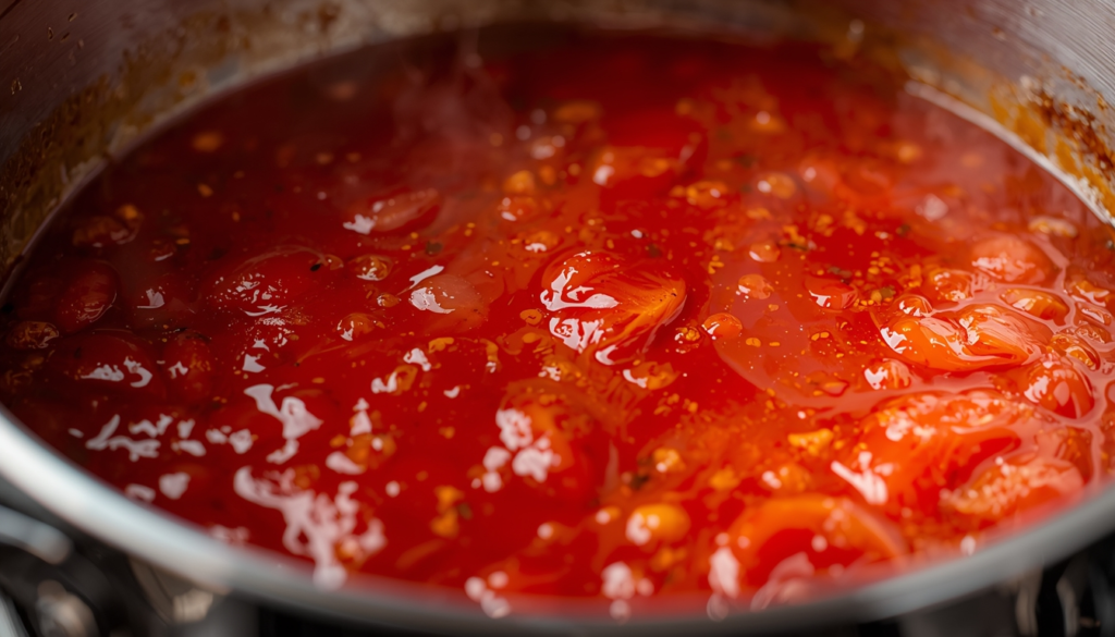 Acidic tomato sauce cooking in a stainless steel pot to illustrate metal reactivity.