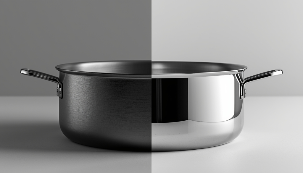 Comparison of matte titanium and polished stainless steel cookware finishes.