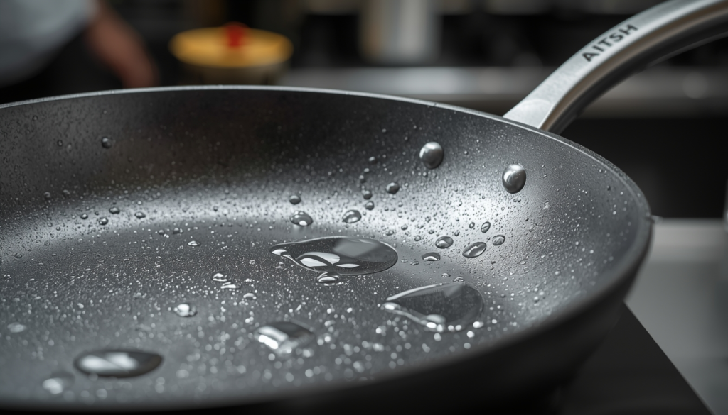 Close-up of non-reactive pure titanium cookware surface in a professional kitchen.