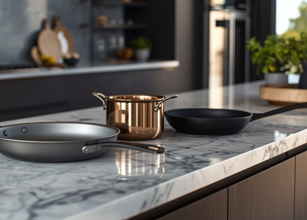 A variety of healthy metal cookware including titanium and cast iron on a modern kitchen counter with blog title text.