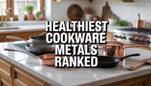 a luxury modern kitchen island. Arranged on the marble countertop is an assortment of high-end cookware including a matte grey titanium pan, a gleaming copper pot, and a black cast iron skillet