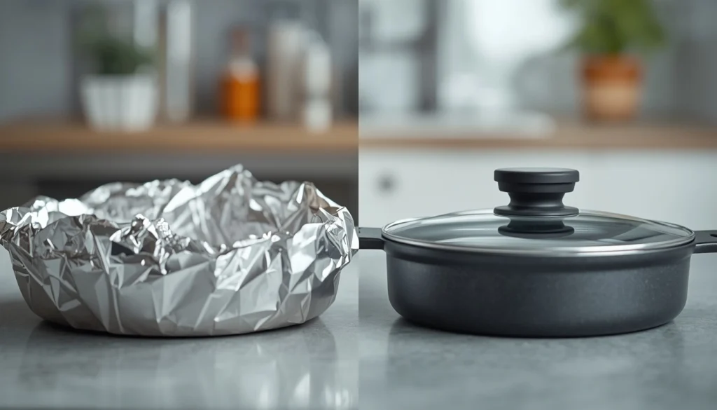 A non-stick pan covered in aluminum foil for oven safety next to a glass lid with a plastic handle.