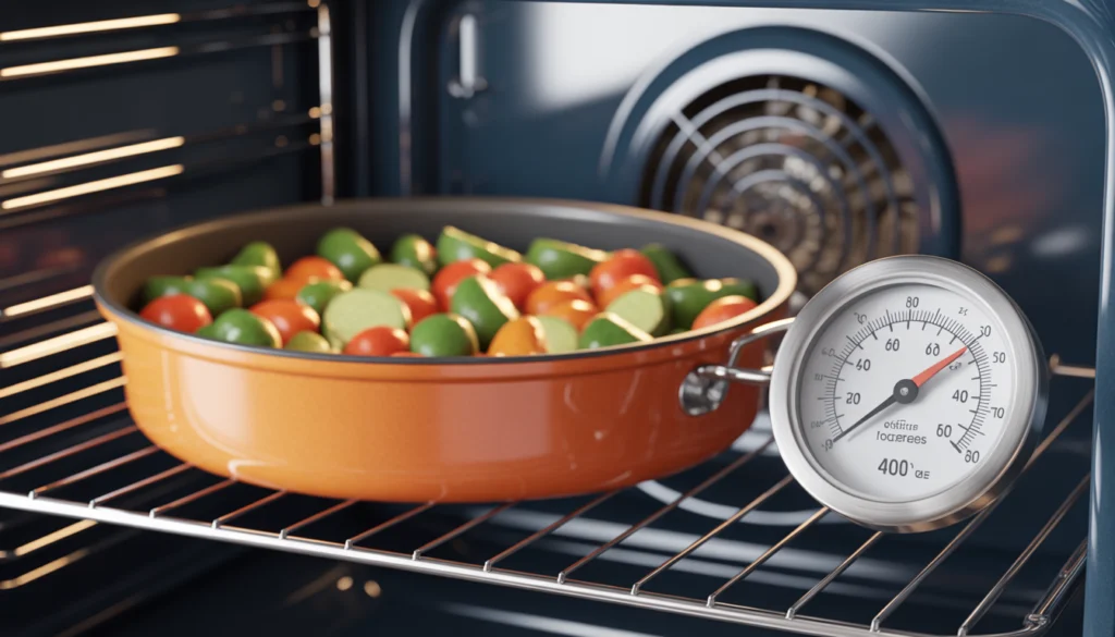 Ceramic non-stick pan roasting vegetables inside an oven next to a thermometer reading 400 degrees.