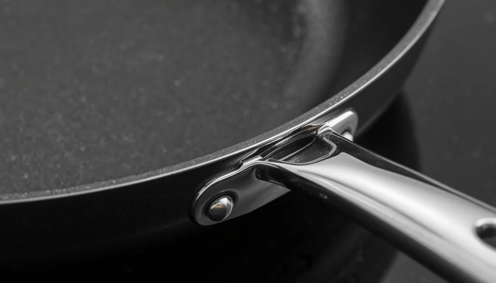 Close-up of a durable stainless steel metal handle riveted to an oven-safe non-stick pan.