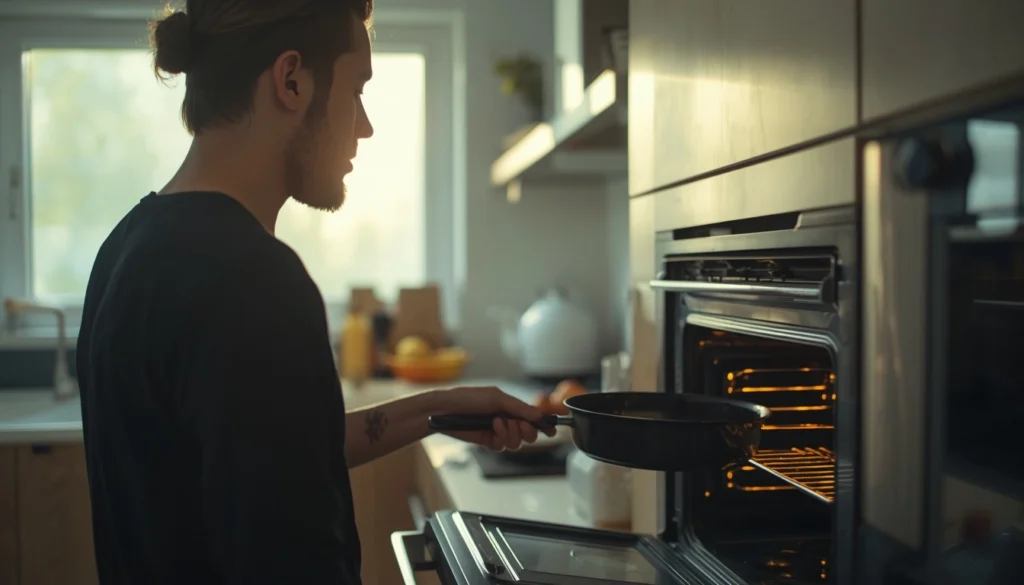 Home cook holding a non-stick frying pan trying to decide if it is oven safe.