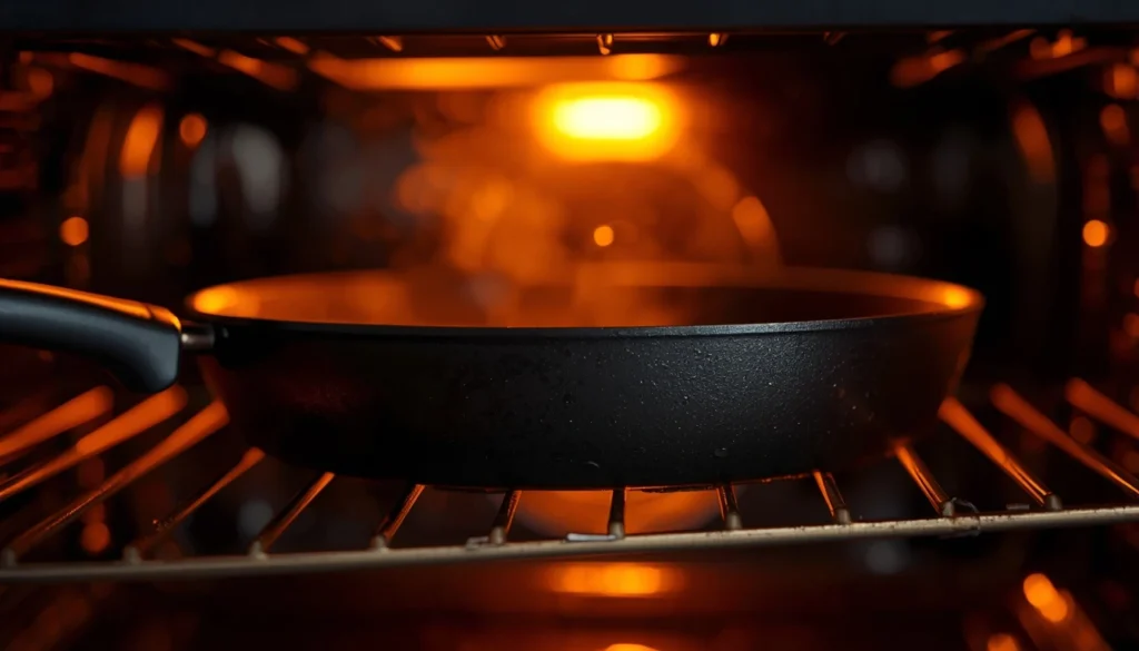 dark non-stick frying pan sitting half-slid onto a hot oven rack. Warm, inviting orange light glowing from inside the oven