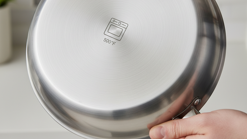 Checking the bottom of a frying pan for the engraved oven-safe symbol and maximum temperature rating.
