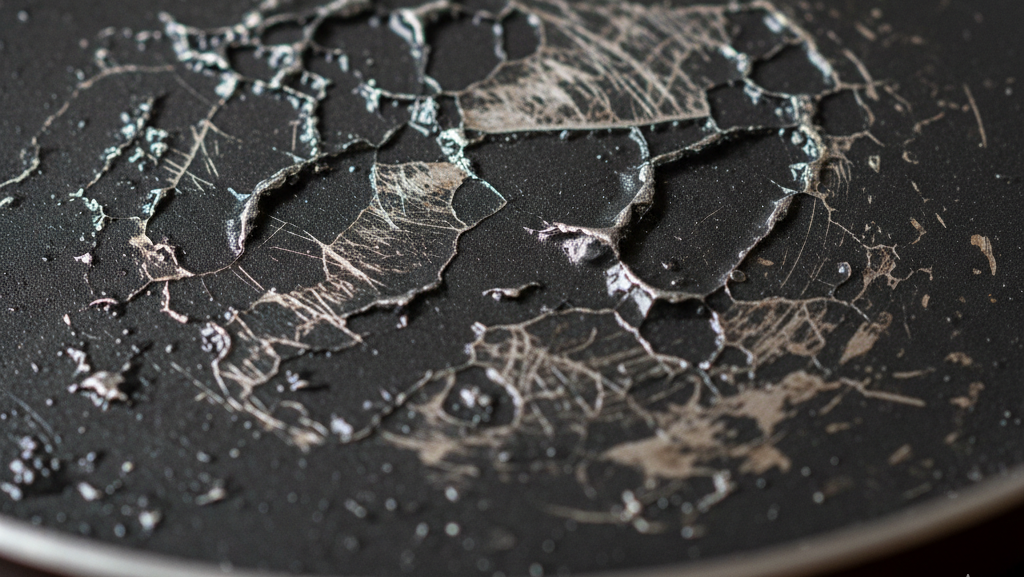 Close up of a damaged non-stick pan with a heavily scratched, peeling, and flaking Teflon coating.