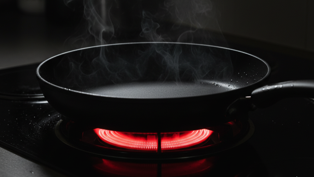 Empty non-stick pan overheating on a red hot burner releasing toxic smoke and fumes.