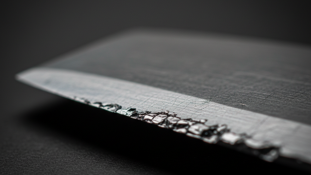 Close-up of micro-chipping and edge fractures on a Japanese high-carbon knife blade caused by contact with a hard metal cutting surface
