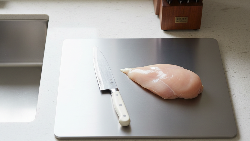Titanium cutting board reserved for raw meat preparation next to a sink with a budget beater knife kept separate from expensive Japanese chef's knives