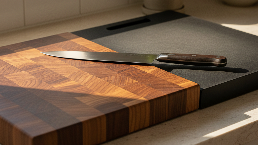 End-grain wood cutting board and high-density rubber cutting board shown as the best knife-friendly alternatives to titanium cutting boards
