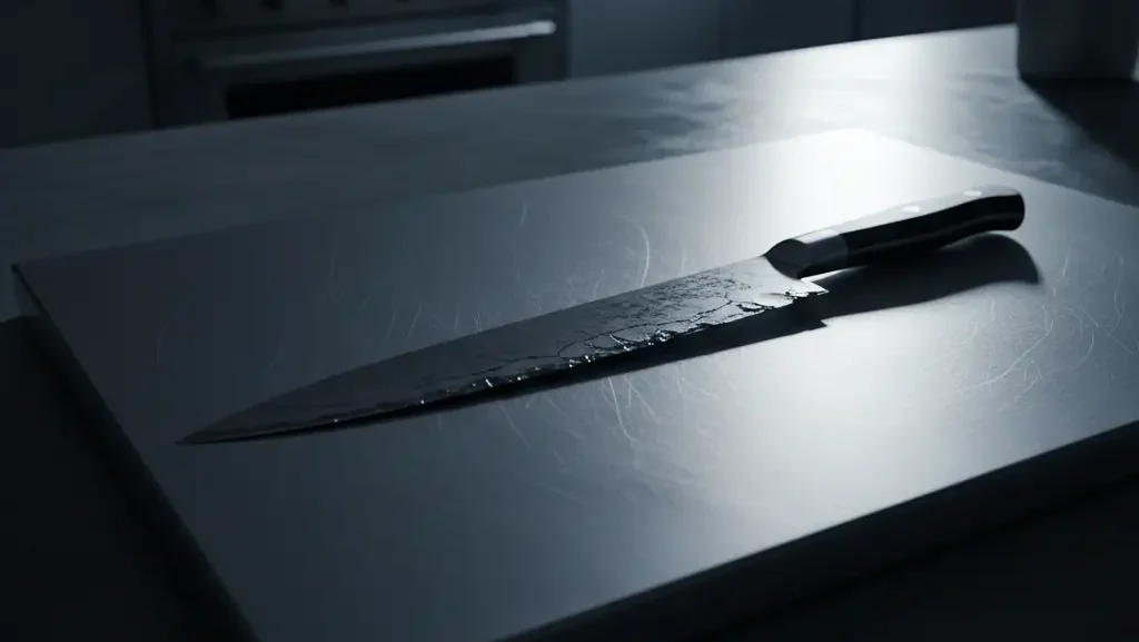 chef's knife resting on a shiny silver titanium cutting board, with a cracked and chipped blade edge visible.