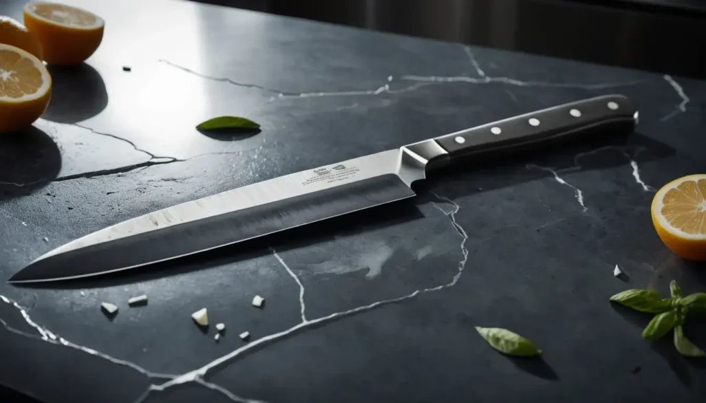 cinematic kitchen scene showing a professional chef's knife resting on a shiny silver titanium cutting board