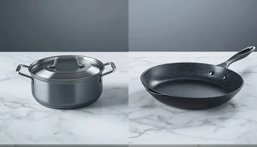 A side-by-side comparison of a matte pure titanium camping pot and a modern titanium-coated non-stick frying pan.