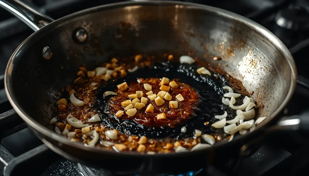 Minced garlic and onions burning in the center of a titanium frying pan while remaining raw on the edges due to poor heat distribution.
