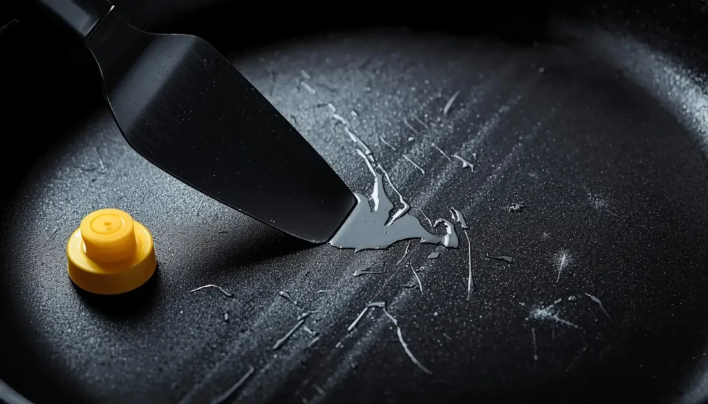 A sharp metal spatula leaving deep scratch marks on a titanium-coated pan next to a harsh dishwasher detergent pod.